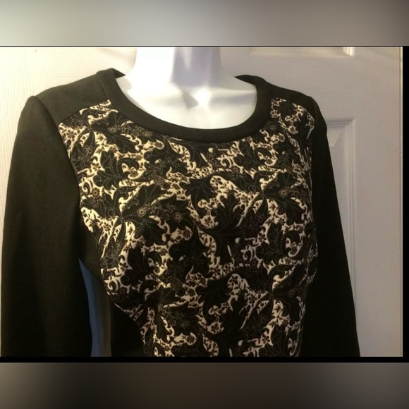 CLUB MONACO Ashton Ponte Knit Dress Leaf Floral Black Exposed Zipper Long Sleeve - Picture 5 of 13